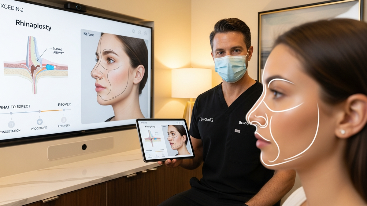 Patient-focused rhinoplasty consultation concept showing a long nose proportion analysis and functional breathing assessment in a facial plastic surgery setting