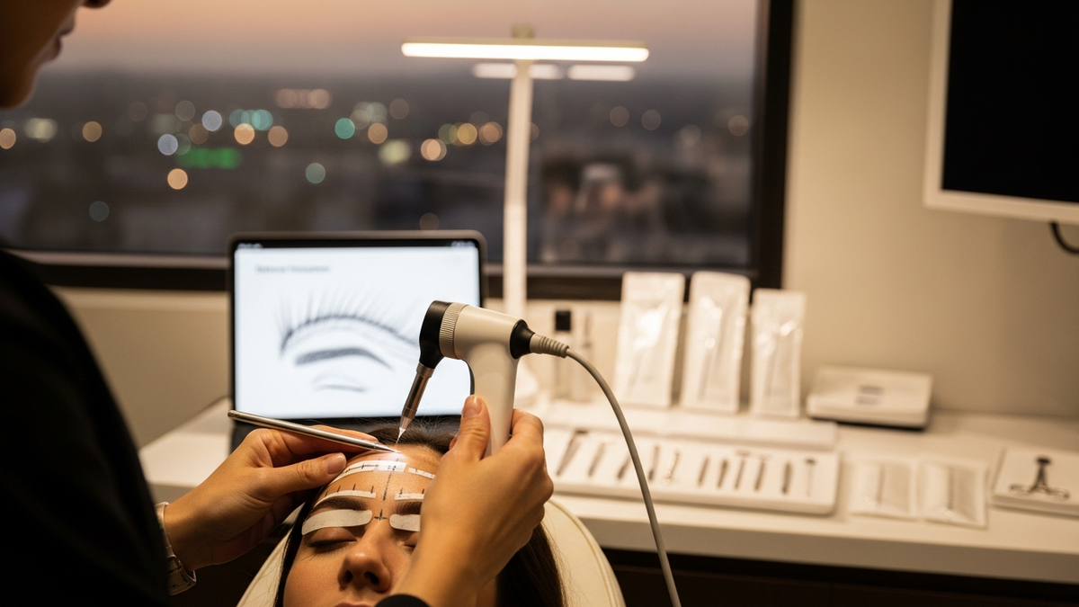 Eyebrow transplant los angeles consultation setting with a patient and surgeon reviewing natural brow design