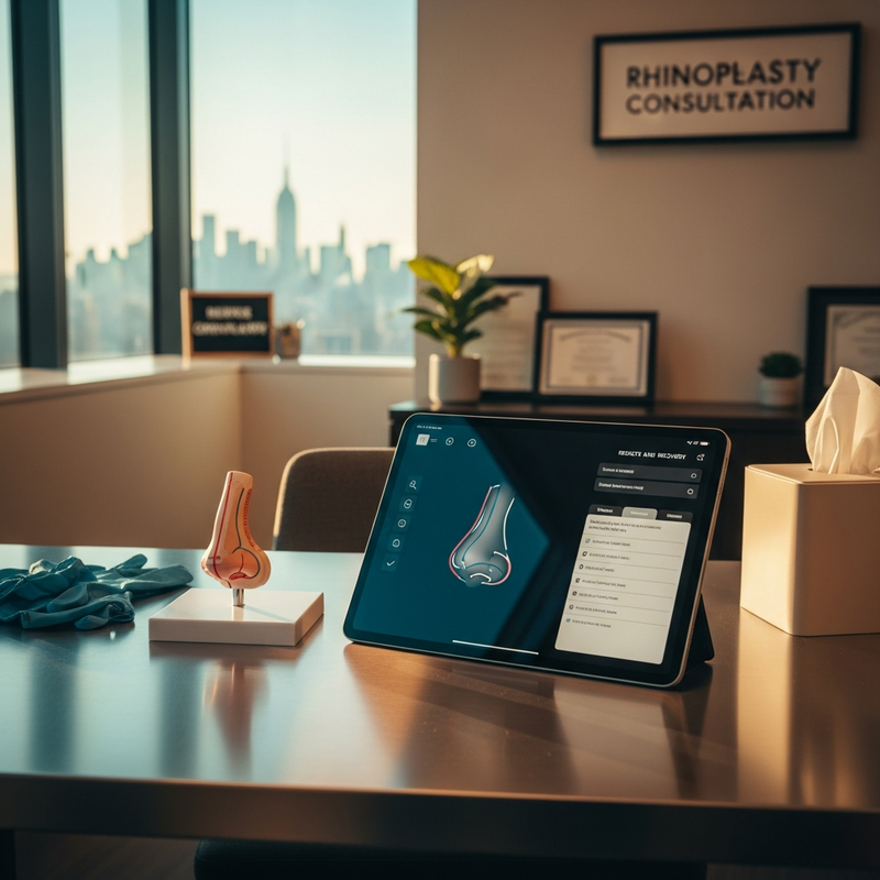 Close-up view of a rhinoplasty patient consultation focusing on nasal profile analysis for new york city rhinoplasty
