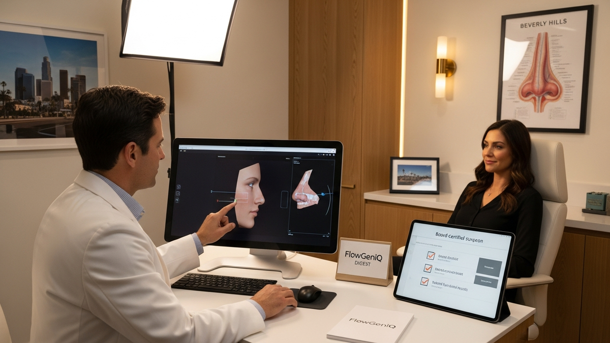 Rhinoplasty Beverly Hills CA consultation—board-certified facial plastic surgeon discussing natural nose reshaping and breathing goals with a patient in Beverly Hills.
