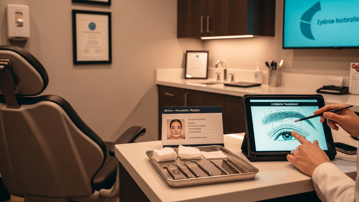 Landscape hero image: close-up of natural eyebrow restoration results with a patient consultation theme for dr jason diamond eyebrow transplant