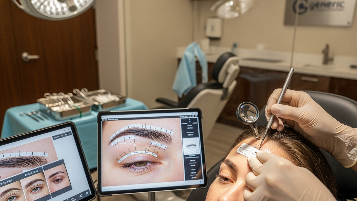 Hair transplant in eyebrow procedure illustration showing natural eyebrow mapping and graft placement planning