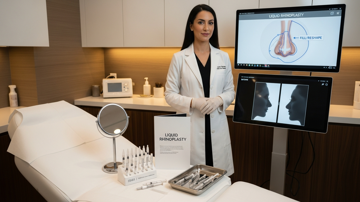 Liquid rhinoplasty consultation in Los Angeles—patient and surgeon reviewing nasal proportions for a natural-looking injectable nose refinement