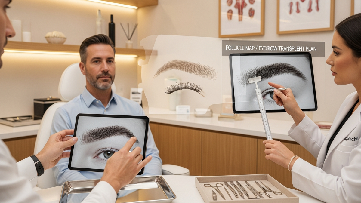 Eyebrow transplant for men consultation—natural brow mapping and hair restoration planning in a modern clinic setting