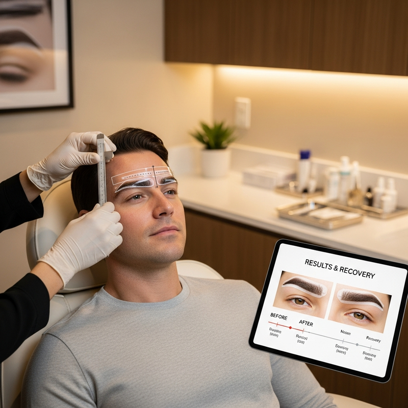 Eyebrow transplant men informational card image featuring a close-up of eyebrows and a clean, clinical aesthetic