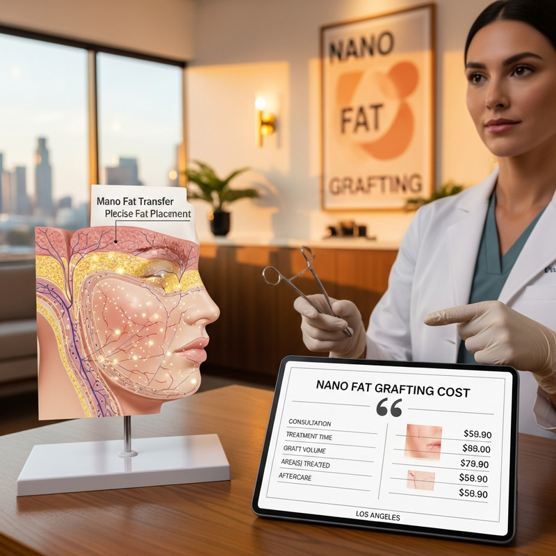 Nano fat grafting cost overview graphic showing facial contour zones and donor site planning for fat transfer