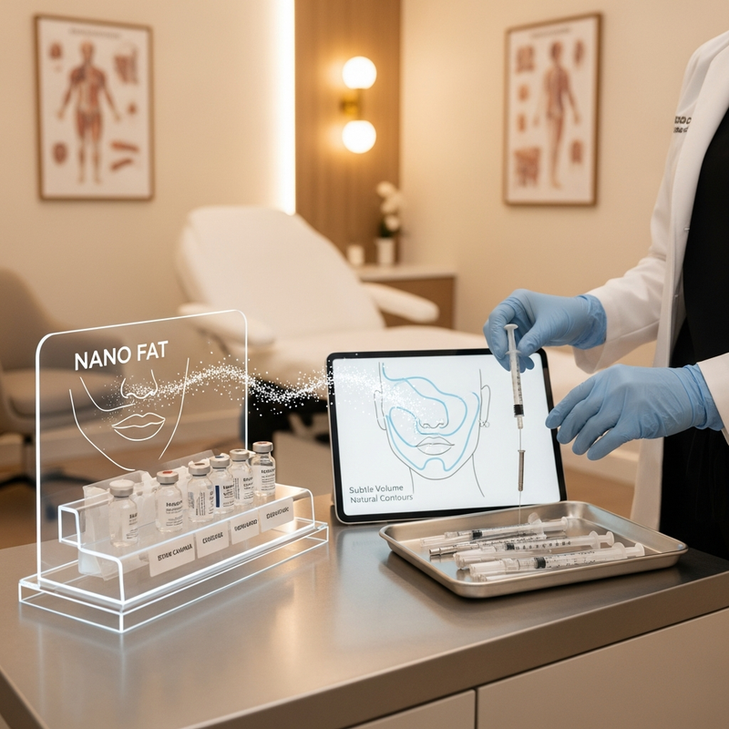 Nano fat injection concept card illustrating refined autologous fat processing for natural facial contour results