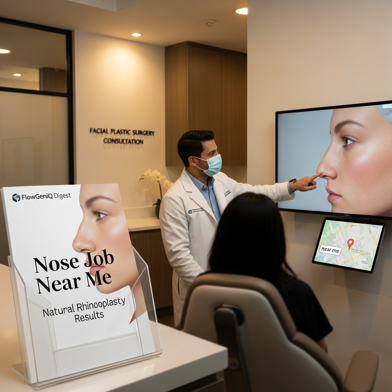 Nose job near me informational card showing rhinoplasty consultation focused on natural results and breathing support