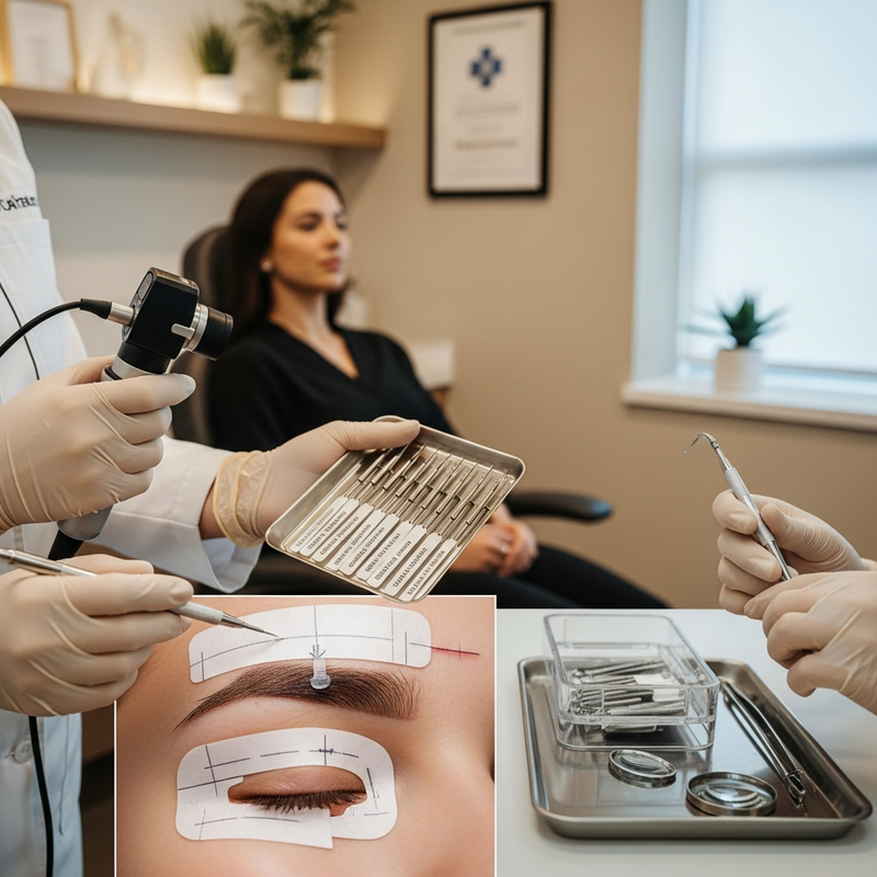 Eyebrow transplant fue results focus: close-up of natural eyebrow design and graft placement planning