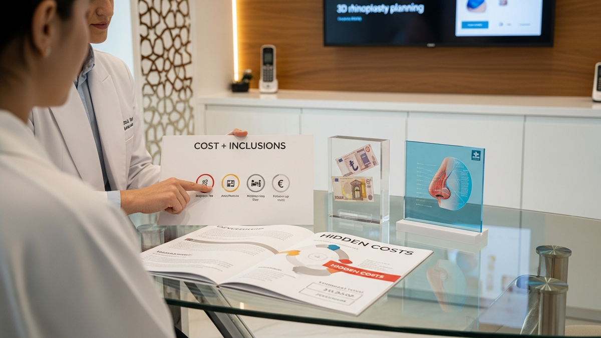 Rhinoplasty in Turkey cost guide image showing a modern clinic setting and a patient consultation theme related to rhinoplasty pricing and planning.
