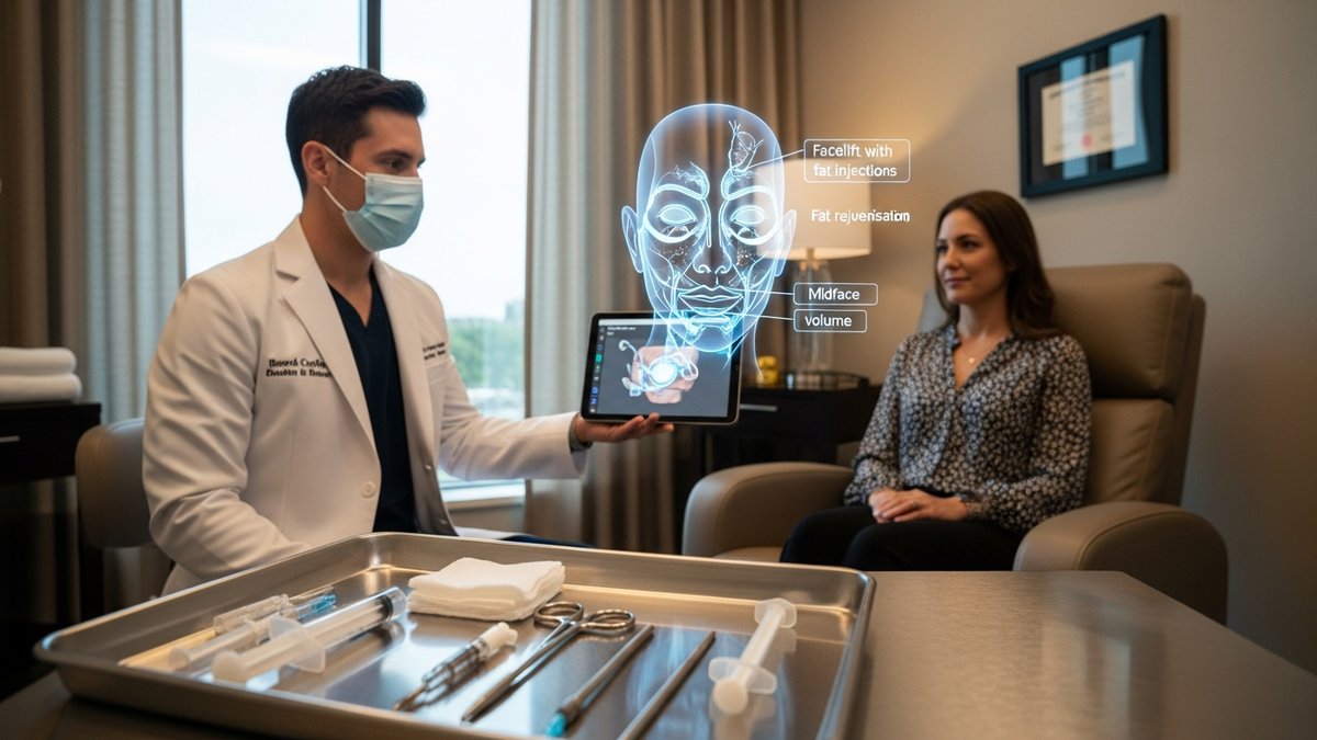 Facelift with fat injections in Beverly Hills: natural facial rejuvenation concept with subtle lift and restored volume