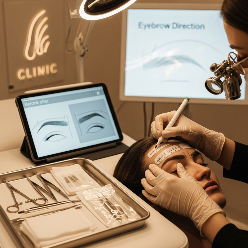 Eyebrow transplant doctors checklist card showing natural eyebrow design and surgical planning