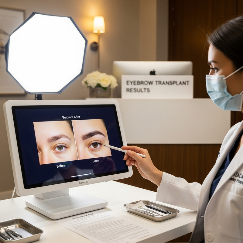 Eyebrow transplant photos thumbnail illustrating mature 12-month eyebrow result and natural arch shape