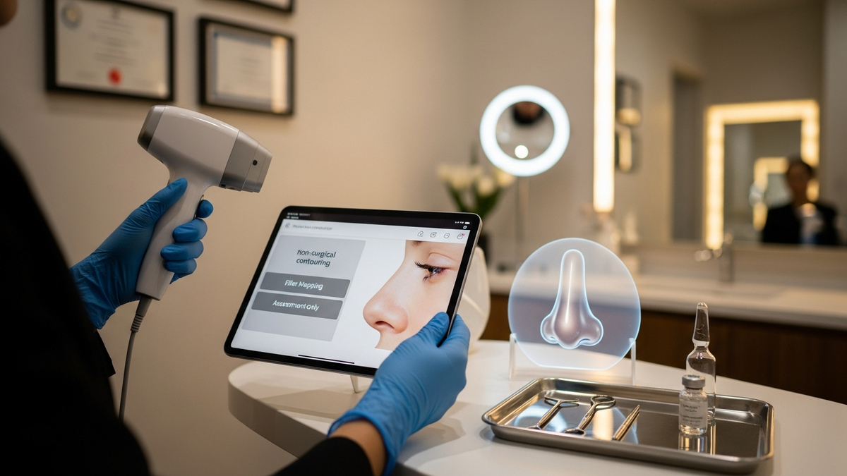 Rhinoplasty non surgical consultation in Beverly Hills showing clinician evaluating nose shape and breathing function