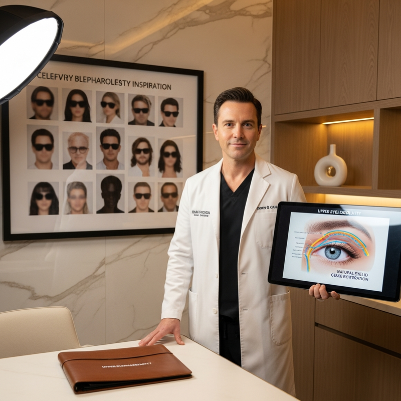 Upper blepharoplasty celebrities: natural upper eyelid rejuvenation concept image with softly lit eyes