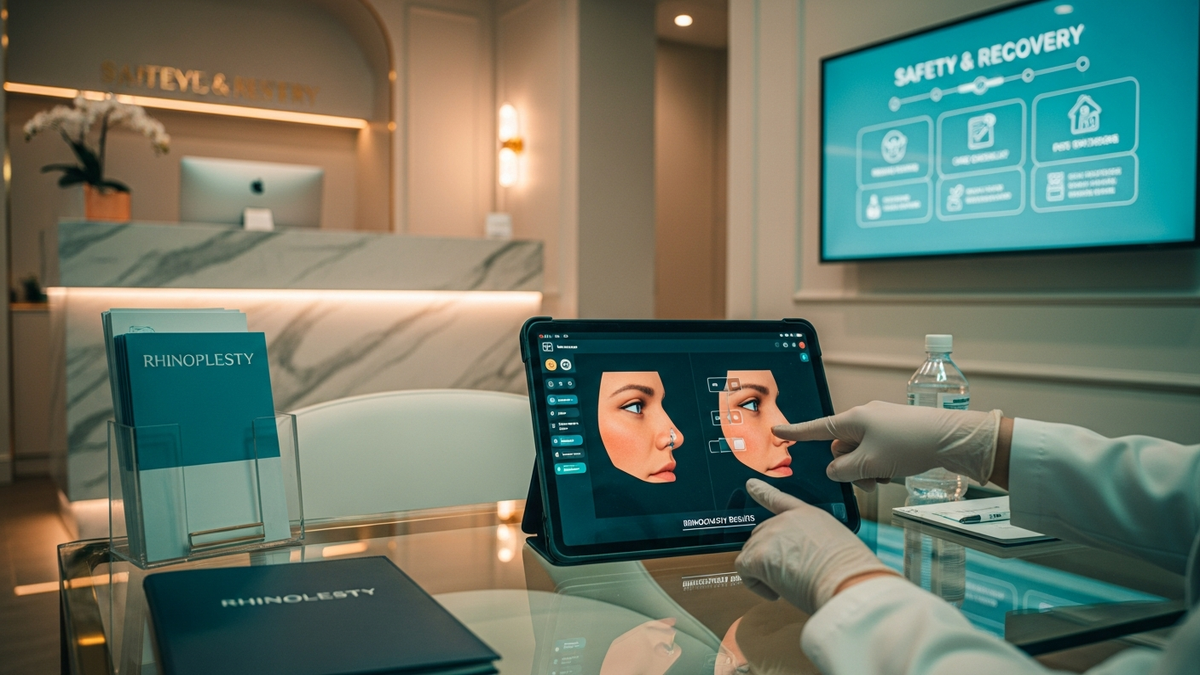Rhinoplasty in Beverly Hills consultation—facial plastic surgeon reviewing nose anatomy with a patient in a modern Beverly Hills clinic.