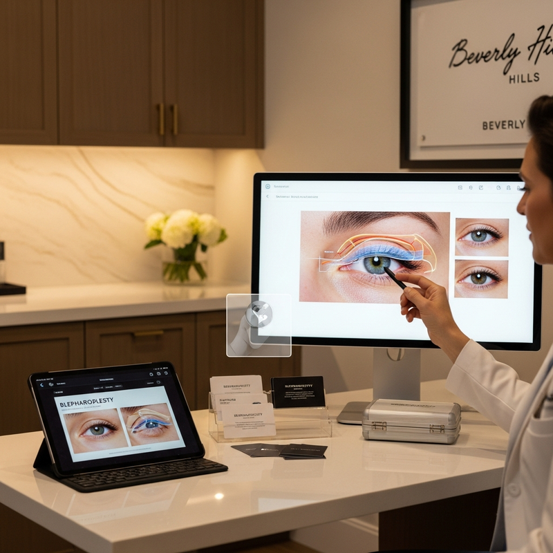 Blepharoplasty Beverly Hills eyelid surgery concept image showing upper and lower eyelid rejuvenation planning