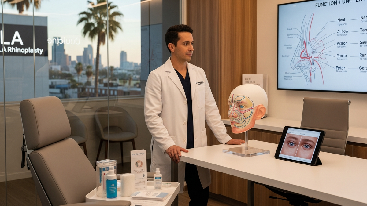 Los Angeles rhinoplasty consultation with a facial plastic surgeon reviewing natural nose shape and breathing function in Beverly Hills
