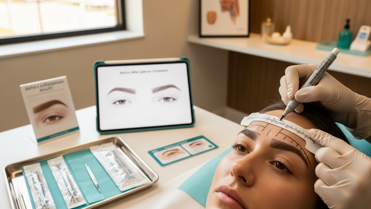 Eyebrow transplant consultation concept image showing natural eyebrow shaping and hair restoration planning in a clinic setting
