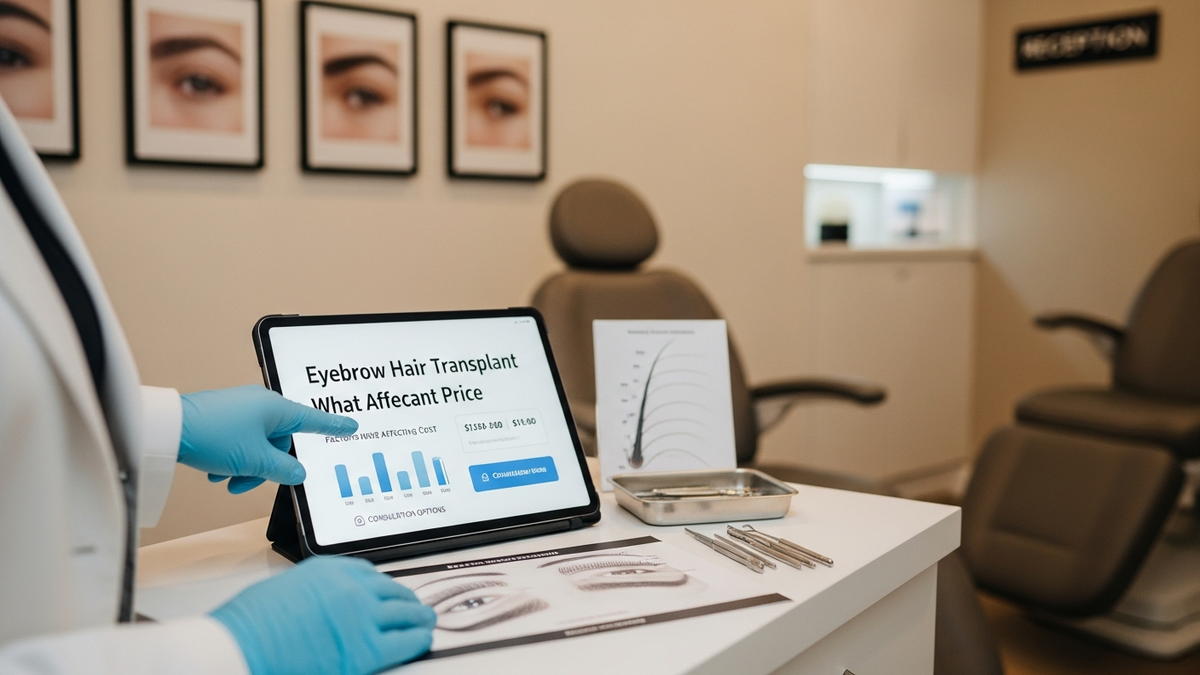 Eyebrow hair transplant price guide shown with a natural eyebrow mapping sketch and clinic setting