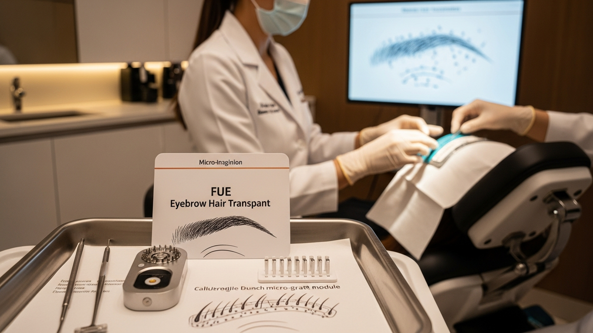 FUE eyebrow hair transplant consultation concept showing natural brow mapping and hair restoration planning