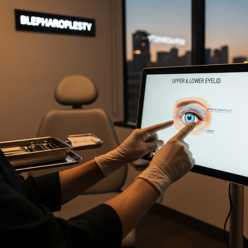Blepharoplasty San Francisco informational card showing upper and lower eyelid surgery overview and natural results