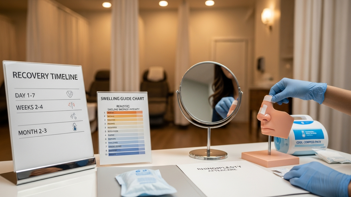 Post rhinoplasty recovery guide image showing a calm patient consultation setting with a modern clinic backdrop
