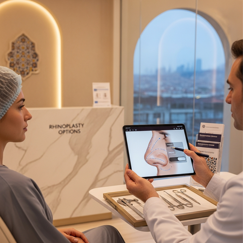 Nose job in turkey informational card with rhinoplasty and breathing-focused nasal surgery icons