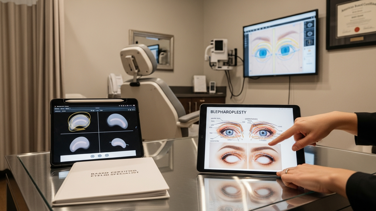 Blepharoplasty best surgeons guide featuring a patient consultation setting and natural eyelid rejuvenation concept