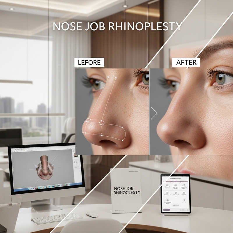 Nose job rhinoplasty before and after image card highlighting realistic recovery stages and final refinement