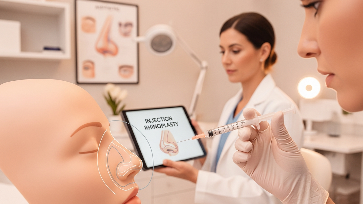 Nose injection rhinoplasty consultation concept image showing a clinician reviewing facial proportions with a patient in a medical office
