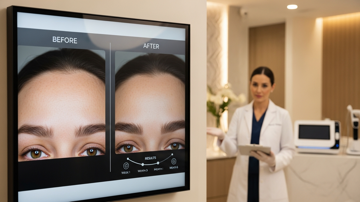 Eyebrow transplant before and after results guide showing natural eyebrow shape and healing timeline