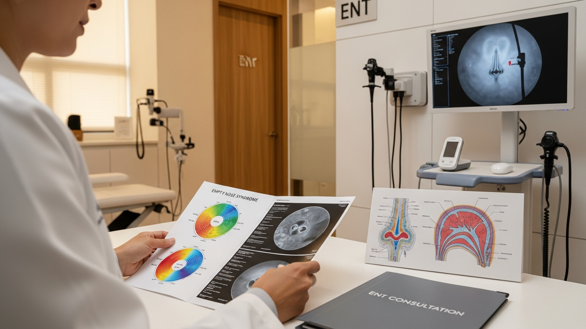 Empty nose syndrome doctors search guide with an ENT-style nasal anatomy illustration and consultation setting