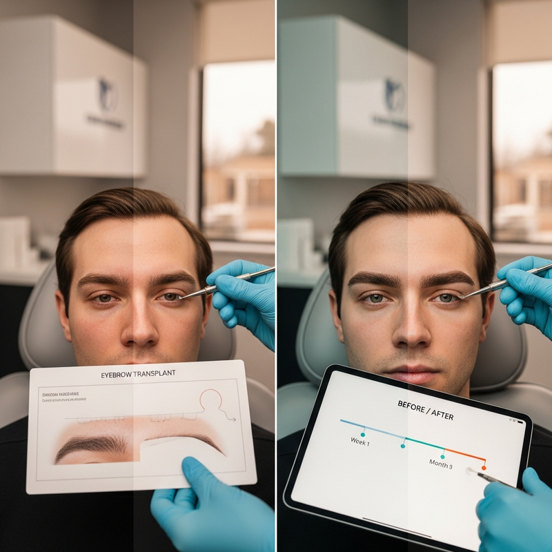 Male eyebrow transplant before and after close-up highlighting eyebrow arch and tail density improvement