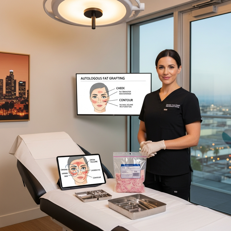 Autologous fat grafting procedure concept image illustrating fat harvesting and facial injection for natural volume restoration