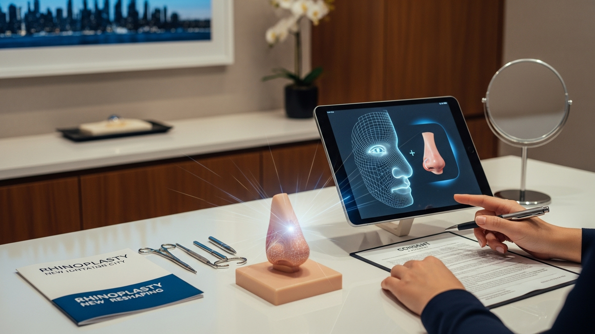 Rhinoplasty New York City consultation setting with a patient and surgeon reviewing nose shape and breathing goals