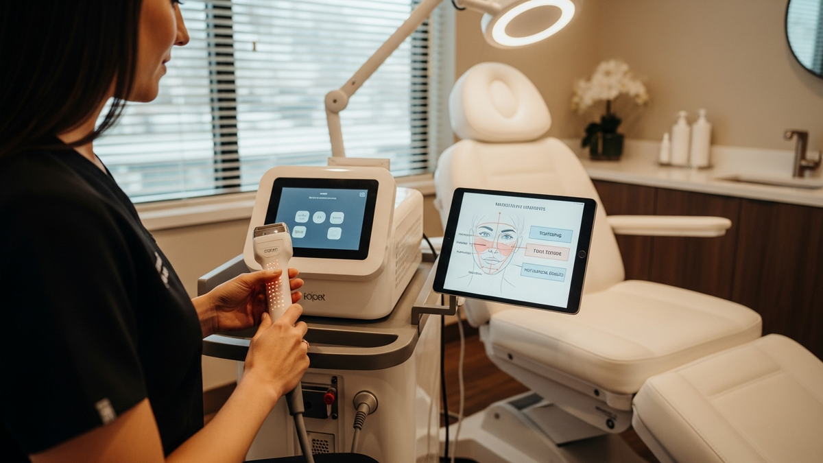 Noninvasive laser facelift consultation in a modern aesthetic clinic setting with patient skincare preparation