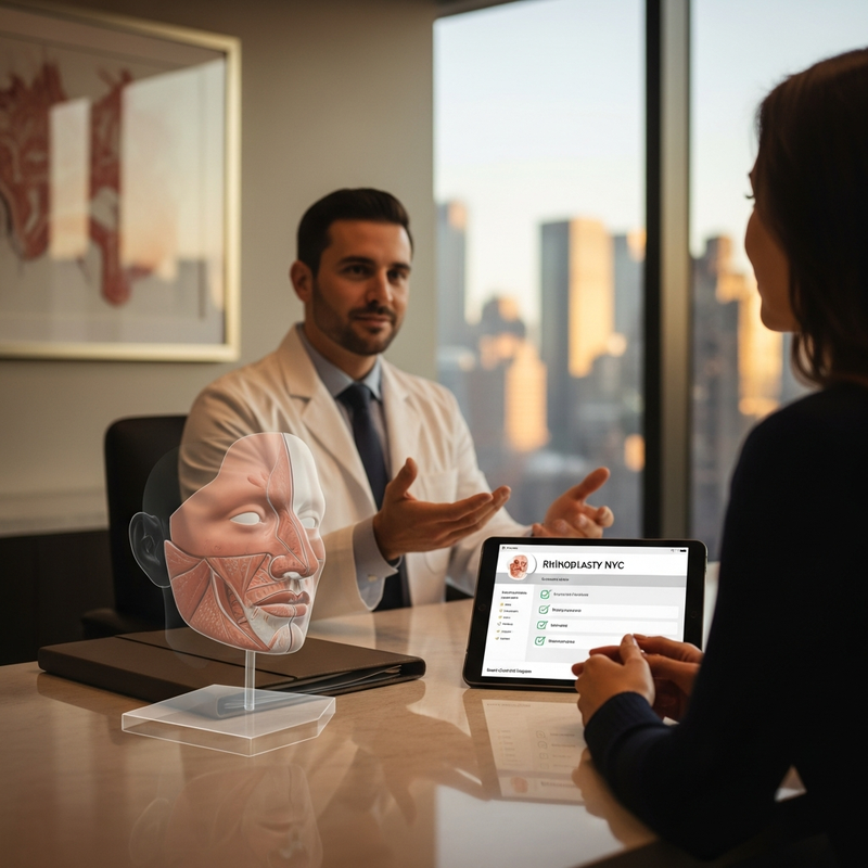 Rhinoplasty NYC informational card showing natural rhinoplasty results focus on facial harmony and improved nasal airflow.