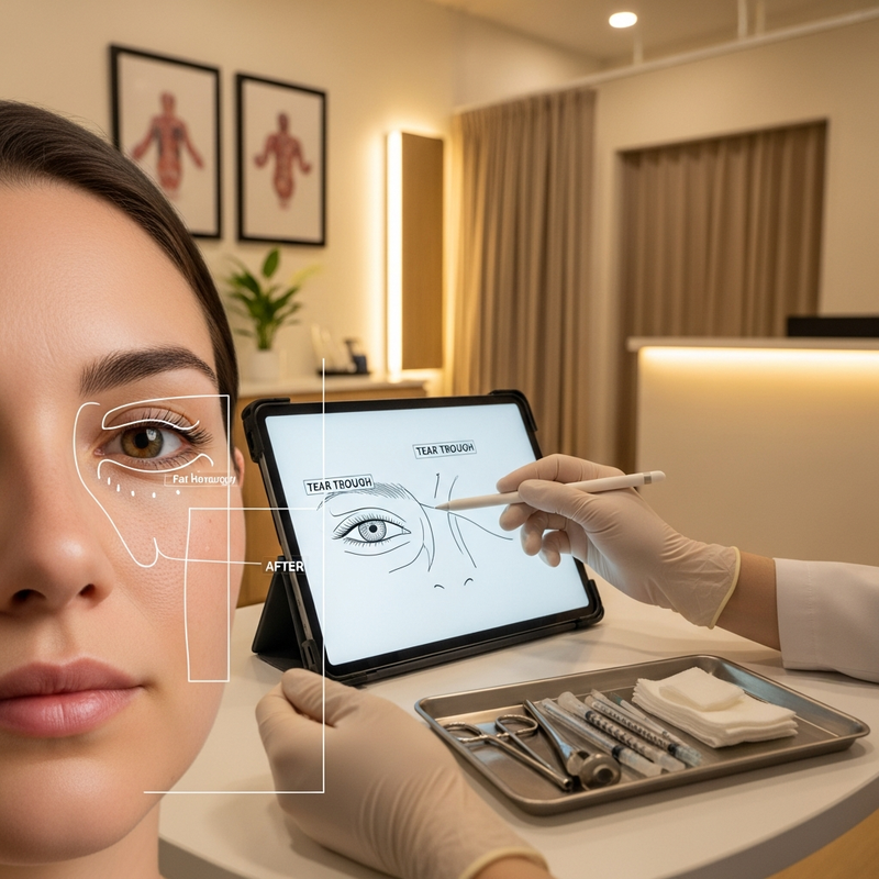 Close-up view of under-eye anatomy for fat grafting under eyes planning and natural contour assessment