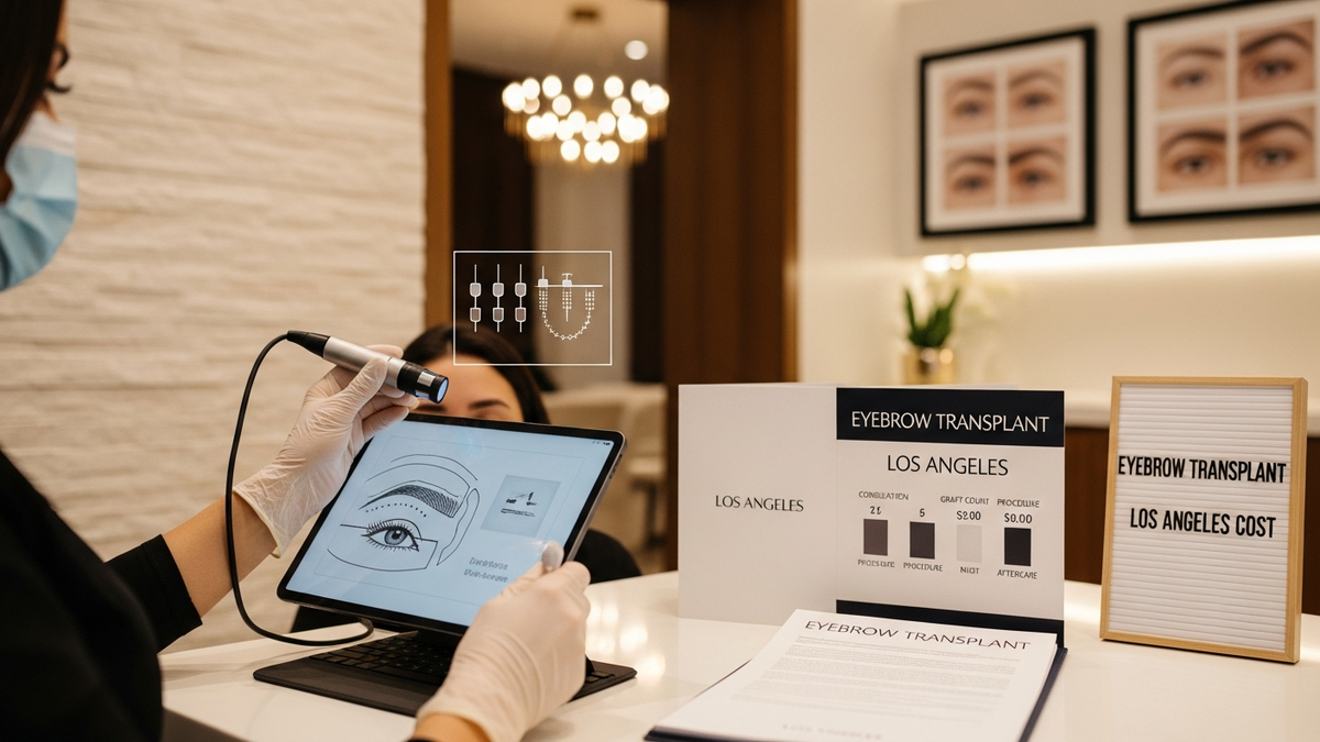 Eyebrow transplant los angeles cost guide hero image showing natural eyebrow restoration concept in a modern Los Angeles clinic setting