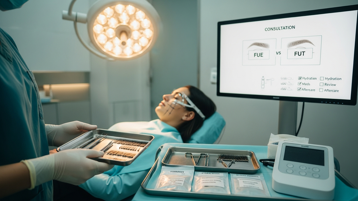 Eyebrow hair transplant surgery consultation showing mapped eyebrow design and natural hairline planning