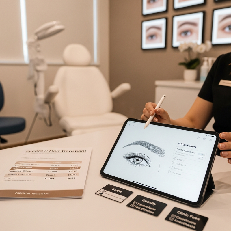 Eyebrow hair transplant cost guide card showing brow mapping concept and graft planning