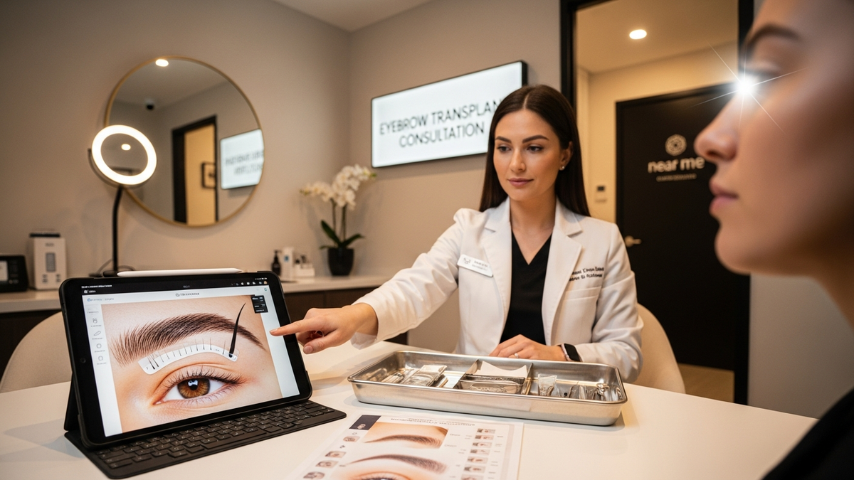 Eyebrow transplant near me guide with natural brow mapping concept and clinic-style facial aesthetics landscape hero image