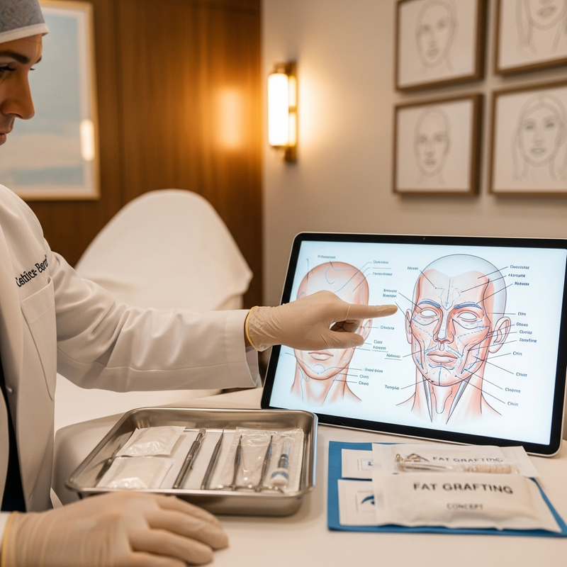 Close-up illustration of fat grafting surgeons planning natural facial volume restoration