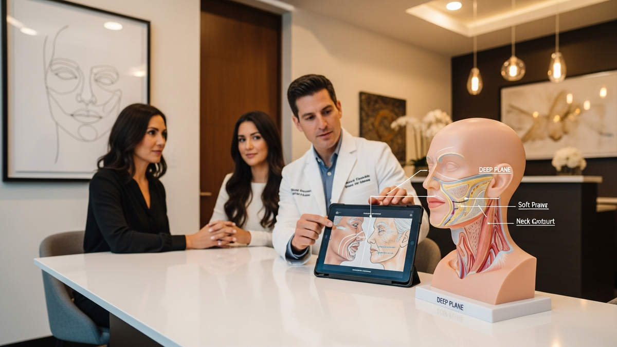 Deep plane facelift and neck lift consultation in Los Angeles showing a patient and surgeon reviewing facial anatomy for natural rejuvenation