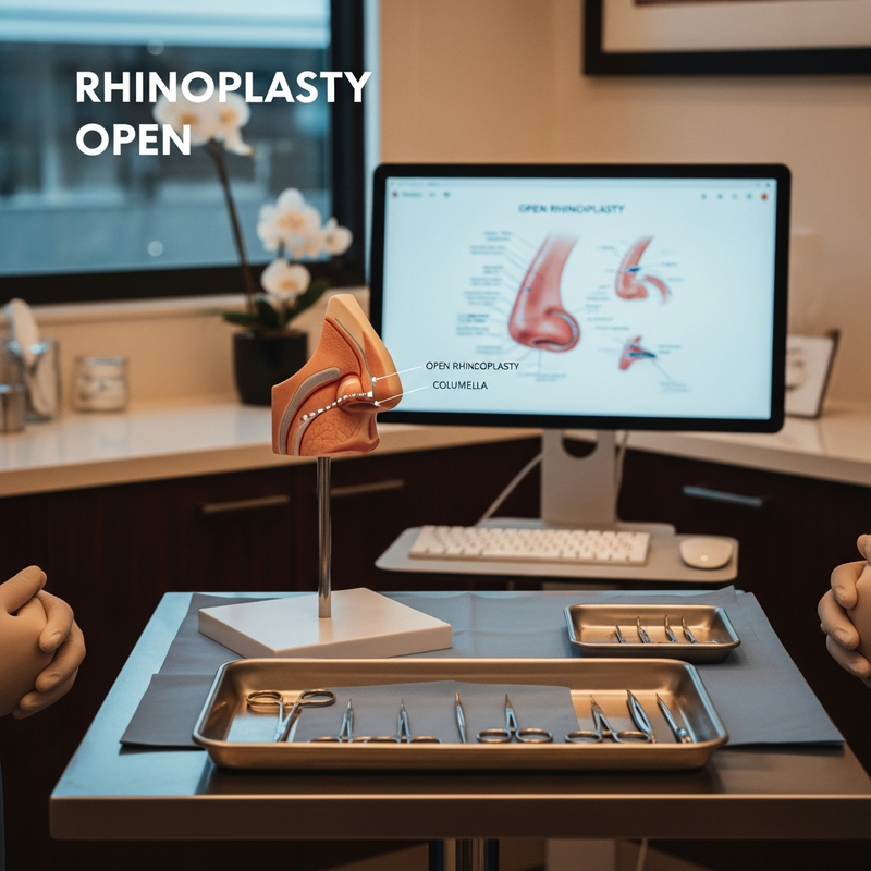Square image showing a close-up diagram-like view of the nose anatomy for rhinoplasty open planning