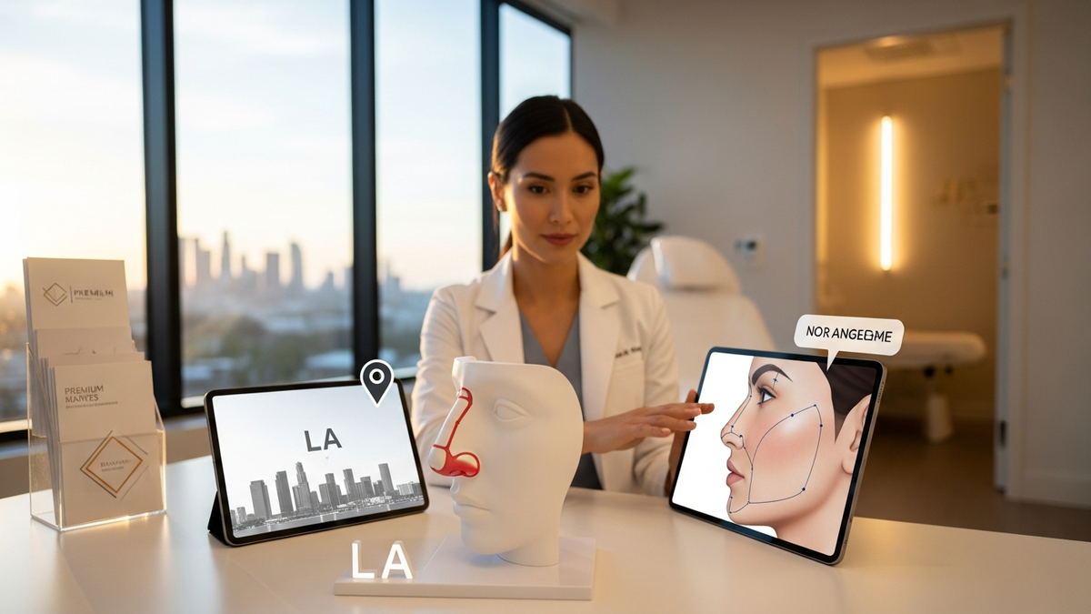 Nose job near me guide hero image showing a patient consultation concept with a subtle nose silhouette and Los Angeles aesthetic atmosphere