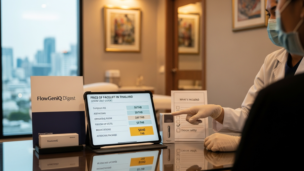 Landscape hero image showing a confident patient in a clinic setting while researching the price of facelift in Thailand for medical tourism planning