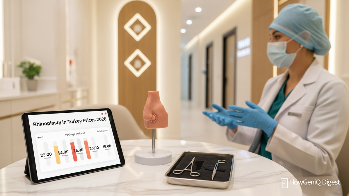 Rhinoplasty in Turkey prices guide image showing a modern clinic setting with a patient consultation and nose anatomy visual.