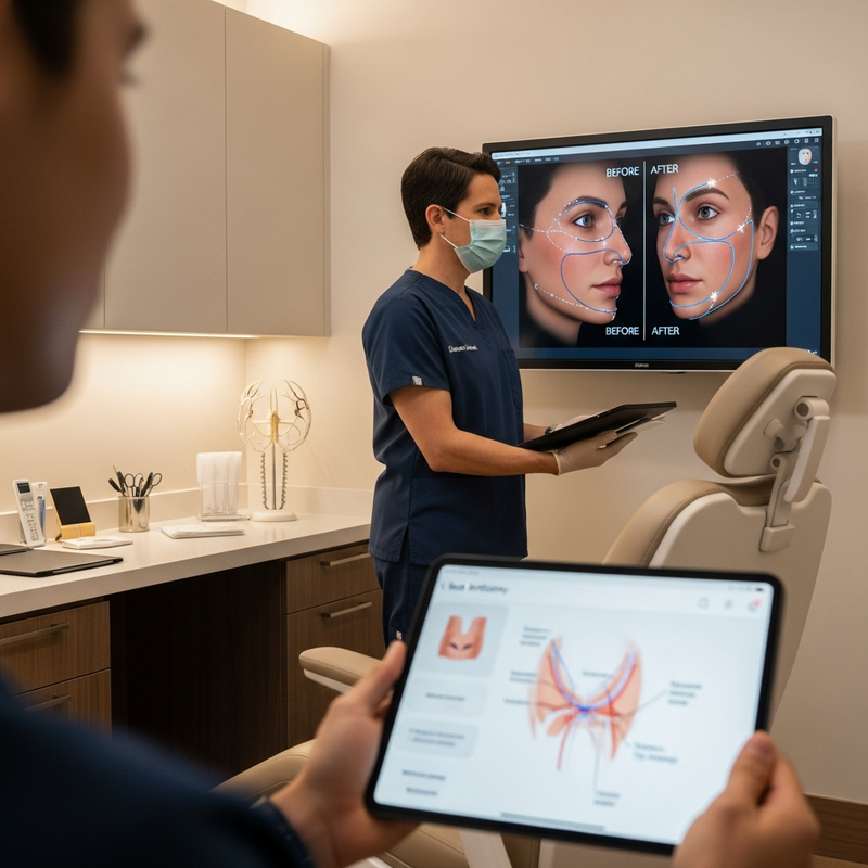 Rhinoplasty consultation for big nose: surgeon reviewing nose shape goals and breathing considerations with patient